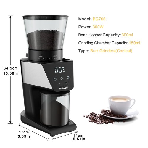BioloMix Electric Coffee Grinder, Conical Burr Grinder with 30 Precise Grind Settings, LCD Touchscreen, Anti-Static Technology, for Espresso, French Press,1-12 Cups, Black