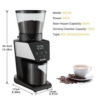 BioloMix Electric Coffee Grinder, Conical Burr Grinder with 30 Precise Grind Settings, LCD Touchscreen, Anti-Static Technology, for Espresso, French Press,1-12 Cups, Black