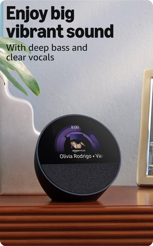 Like-New Amazon Echo Spot (newest model), Great for nightstands, offices and kitchens, Smart alarm clock, Designed for Alexa+, Black