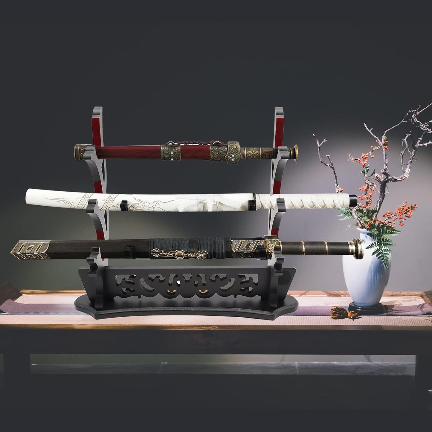 Saihisday Sword Stand - Three-Tier Katana Holder with Padded Support for Japanese Samurai Swords | Black Lacquer Finish