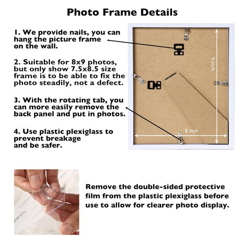 JCJMY 8x9 Picture Frame White for Wall Hanging or Tabletop, Wall Mounting Horizontally or Vertically, 8 x 9 Wall Gallery Poster Photo Frame with Shatter Resistant Plastic Plexiglass, White