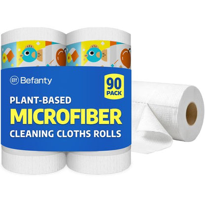 Befanty 90 Pack Plant-Based Microfiber Cleaning Cloth Rolls, Washable & Reusable Paper Towels for Kitchen, Ultra Absorbent, Scratch Free, Lint Free, Cleaning Supplies, 8.6" x 11.8" (2 Rolls)