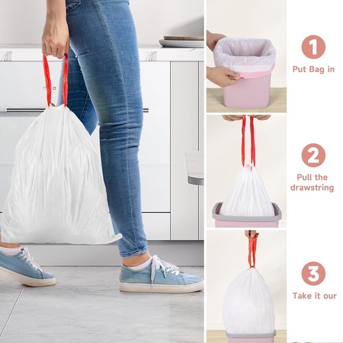 Magesh 2 Gallon Small Trash Bags - Strong Drawstring Mini Garbage Bags, 60 Count, White, Unscented