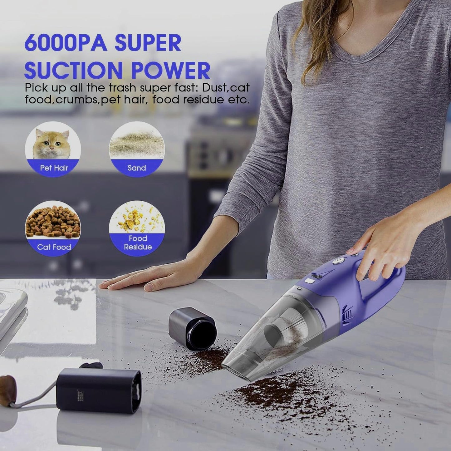YOOHI Handheld Vacuum - Cordless Rechargeable Mini Vacuum with 6000Pa Suction | LED Light, 20-25 Min Runtime, 500ML Cup