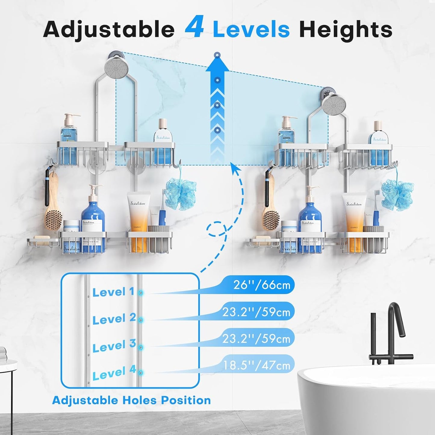Sewulidon Aluminum Alloy Shower Caddy - Rustproof Handheld Shower Organizer | Height Adjustable 4 Levels with Hooks & Soap Holder