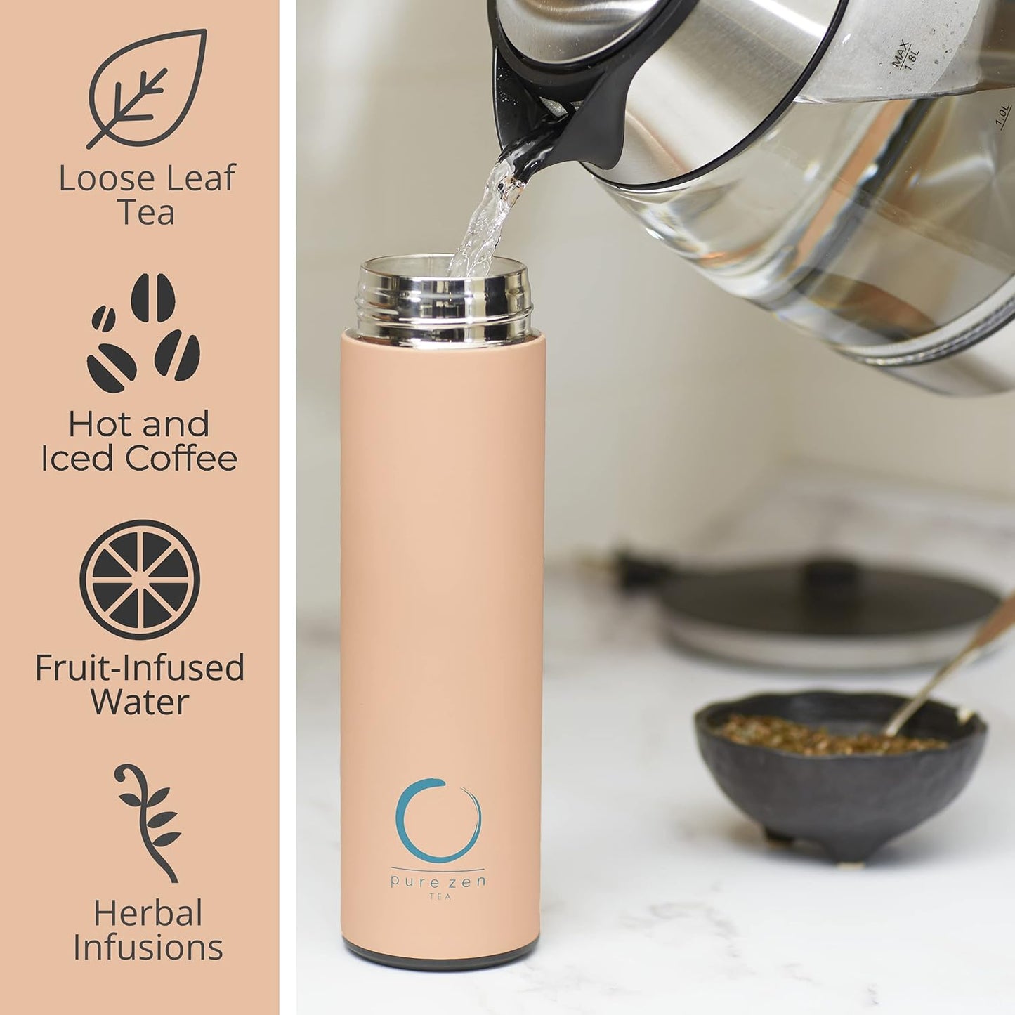 Pure Zen Tea Thermos - Stainless Steel Infuser Bottle for Hot & Cold Brews | 15oz - Pink