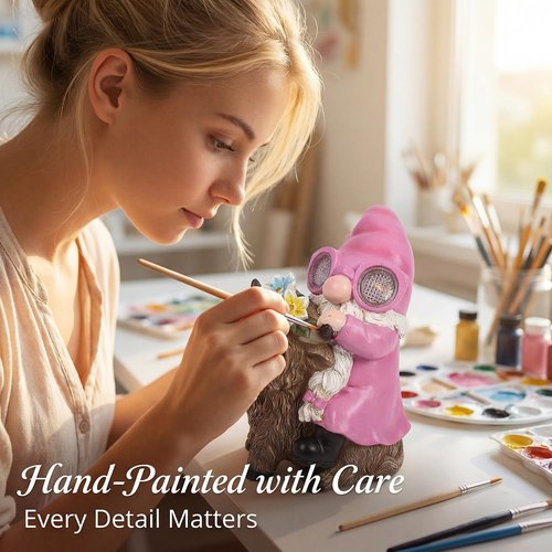 iStatue Solar Highland Cow Garden Statue - Animated LED Goggles & Moving Pixel Matrix Eyes | 8.7" Pink Resin Gnome Figurine for Mom