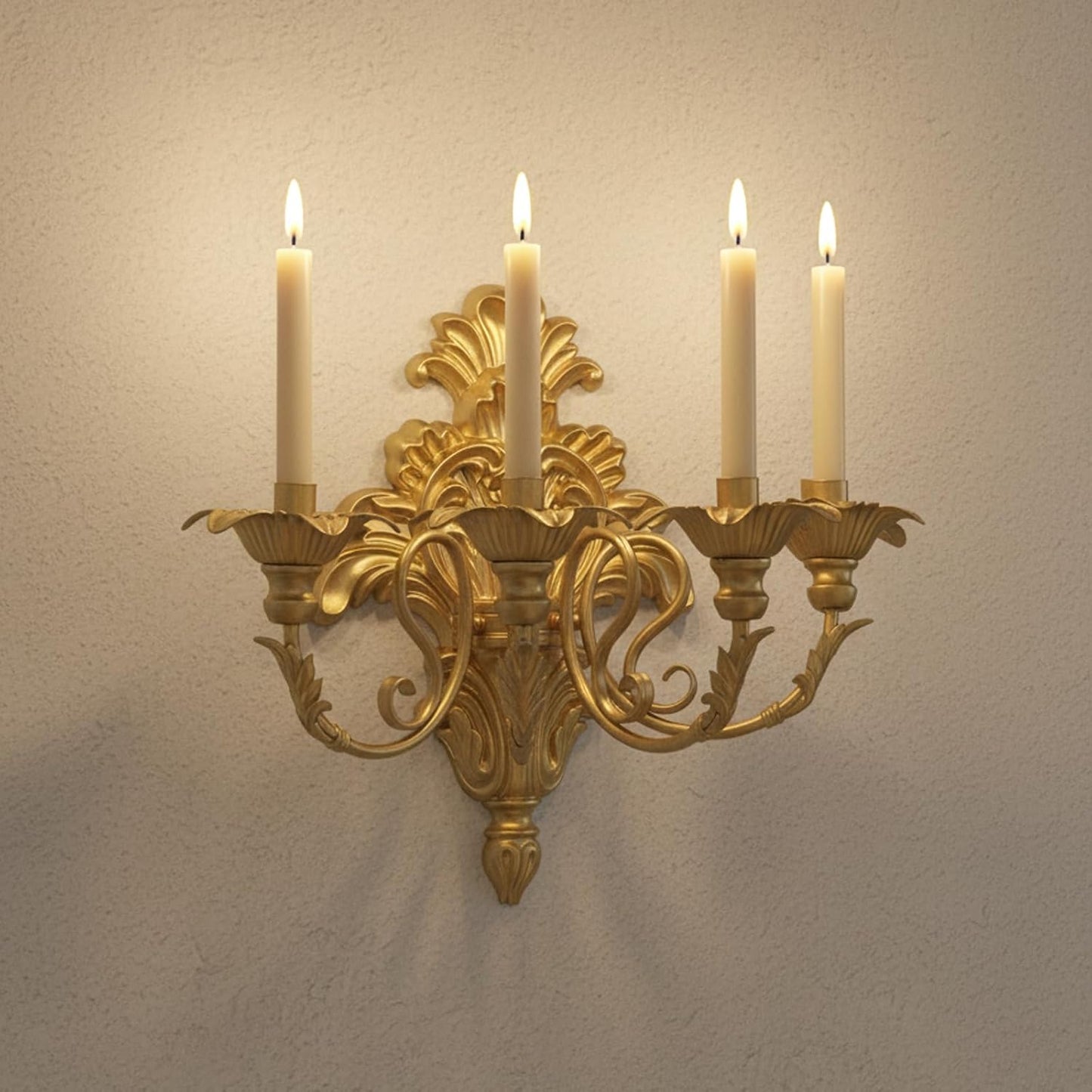 Roman Fountain Wall Sconce - 4-Candle Gold Baroque Candelabra | Antique Metal Wall-Mounted Holder for Tapered Candles