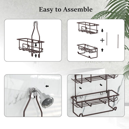 Rustic Bronze Shower Caddy by [Brand Name] - Overhead Organizer with 10 Hooks & Towel Bar for Bathroom Storage