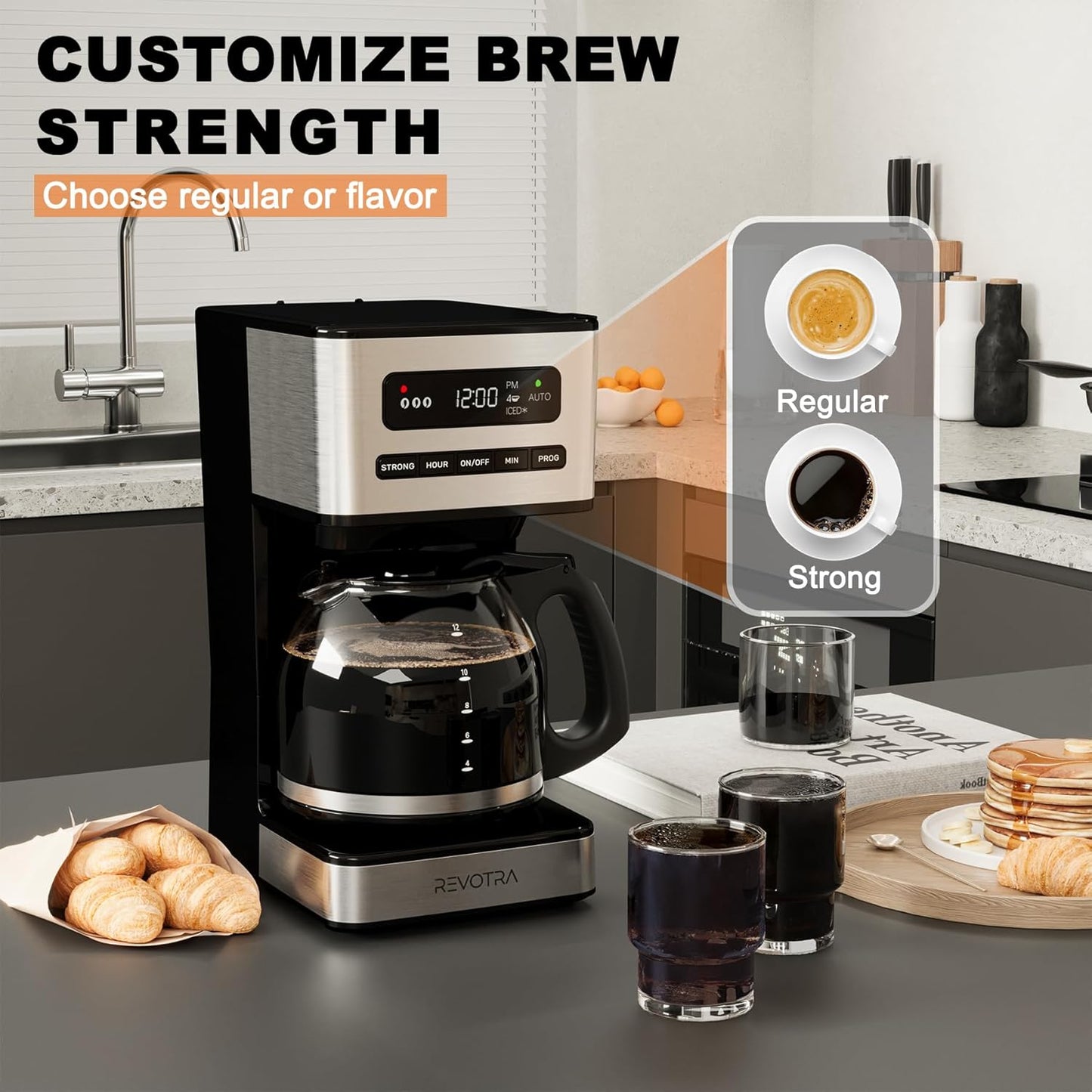 Regine Switzerland 12-Cup Programmable Coffee Maker - Regular & Strong Brew, 24H Timer, Auto Shut-Off