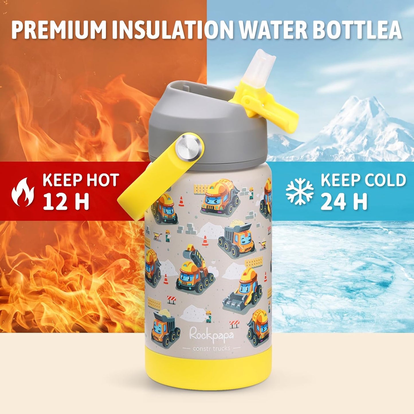 Rockpapa 14 Oz Kids Insulated Water Bottle - Stainless Steel, BPA Free, Leak-Proof | Grey Construction Trucks
