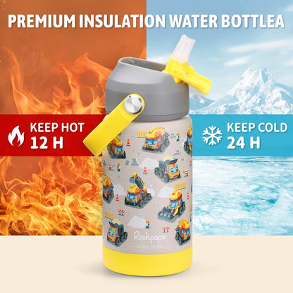 Rockpapa 14 Oz Kids Insulated Water Bottle - Stainless Steel, BPA Free, Leak-Proof | Grey Construction Trucks