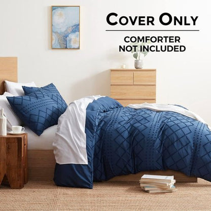 Boho Bedding Queen Duvet Cover Set - Navy Textured 3-Piece Tufted Design, 90x90 Inches with Zipper Closure