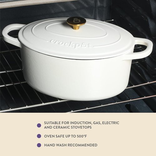 Crock Pot Artisan 7-Quart Oval Dutch Oven - Enameled Cast Iron in Linen White with Gold Knob | Heavy-Duty Cookware for Baking & Roasting