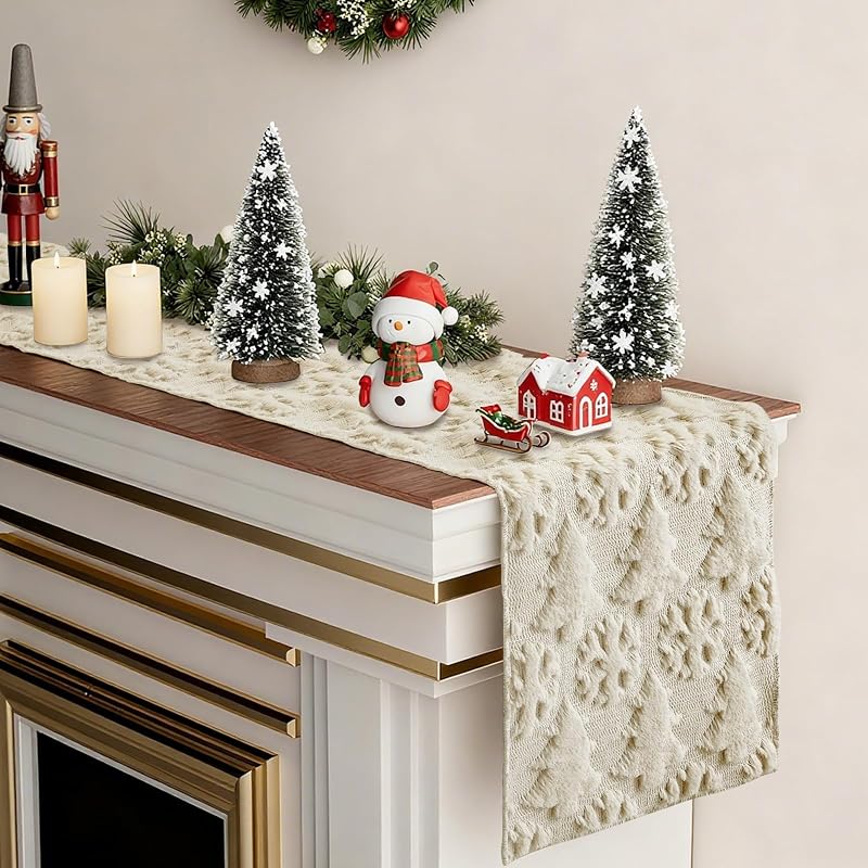 Christmas Table Runner 13x60 Inch Beige with 3D Tree & Snowflake Pattern – Faux Fur, Indoor/Outdoor Farmhouse Decor (Variation: Beige+Table Runner, 13" x 60")