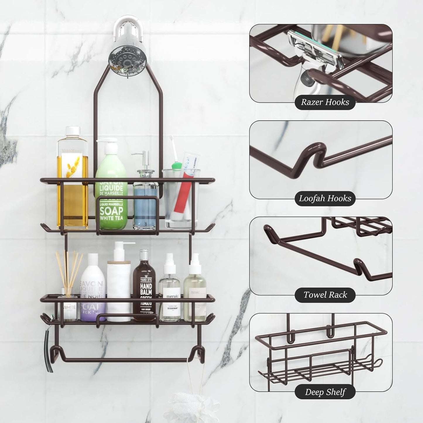 Rustic Bronze Shower Caddy by [Brand Name] - Overhead Organizer with 10 Hooks & Towel Bar for Bathroom Storage