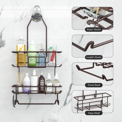 Rustic Bronze Shower Caddy by [Brand Name] - Overhead Organizer with 10 Hooks & Towel Bar for Bathroom Storage