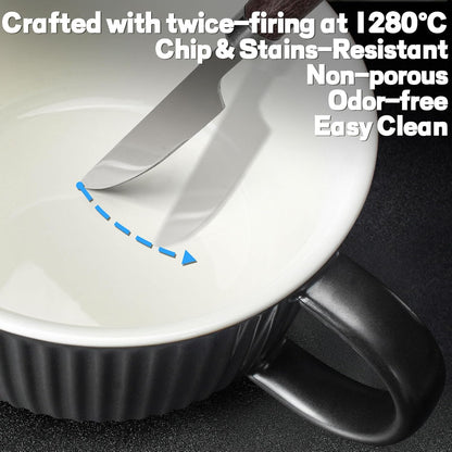 Artena 38 oz Soup Bowls - Large Microwave Safe Ceramic Ramen Bowls with Handles & Lids | Black, Set of 1