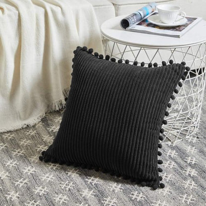 Fancy Homi Decorative Throw Pillow Covers - Set of 2 Black Pom-Pom Cushions | 12x12 Inch Soft Plush for Couch & Sofa