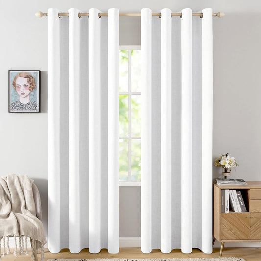 MIULEE Blackout Linen Textured Curtains - Thermal Insulated Room Darkening Drapes | Bright White, 52 x 84 Inch (2 Panels)