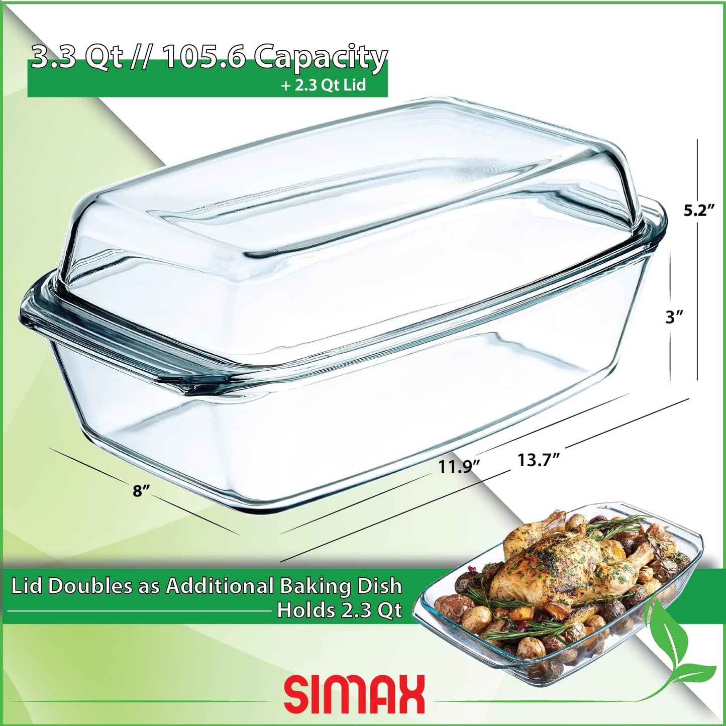 Simax Large Glass Casserole Dish - Oven Safe Bakeware with Lid | 3 Quart Oblong Design for Cooking & Serving