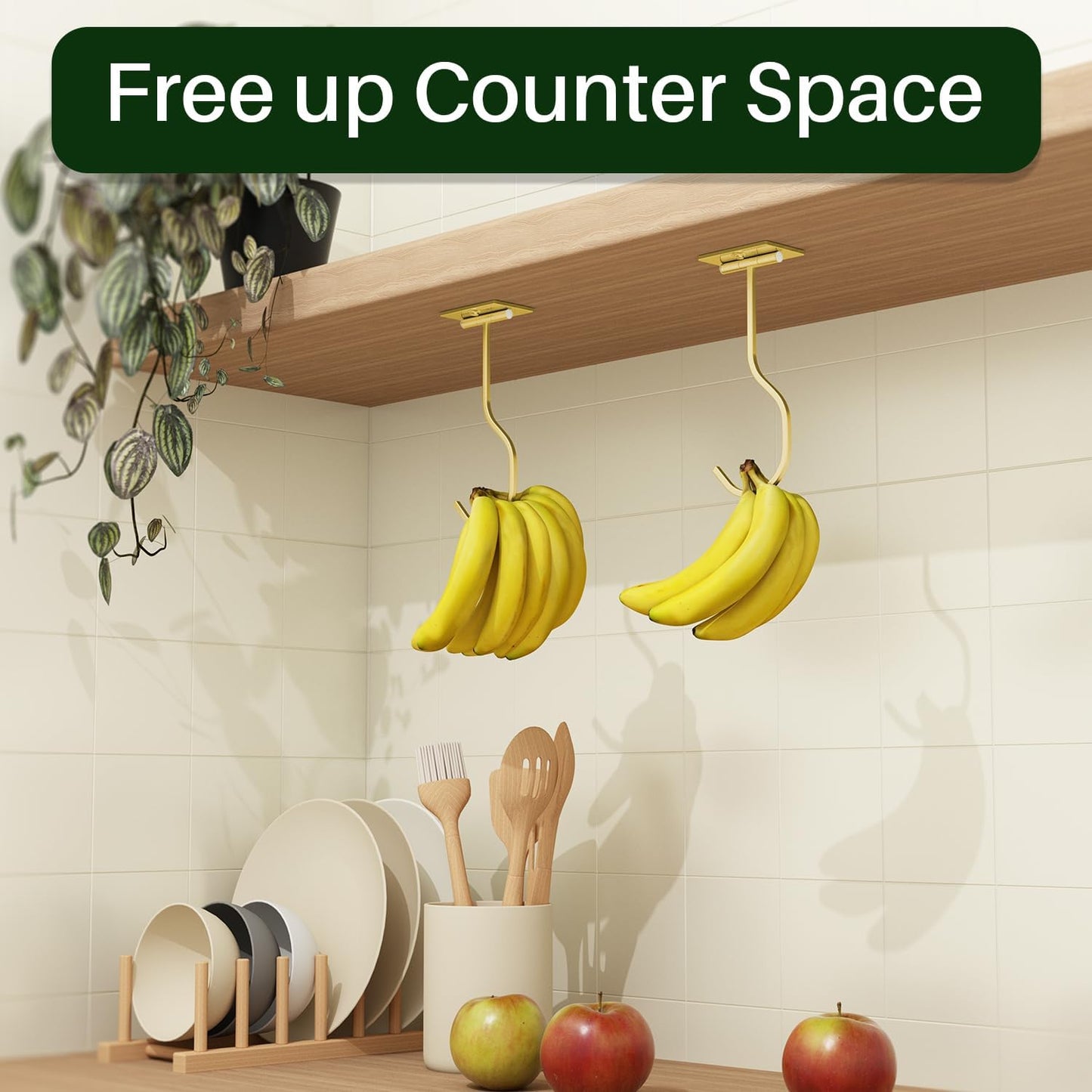 Skiennix Under Cabinet Banana Hook - Foldable Gold Metal Hanger for Kitchen & RV, Space-Saving Design