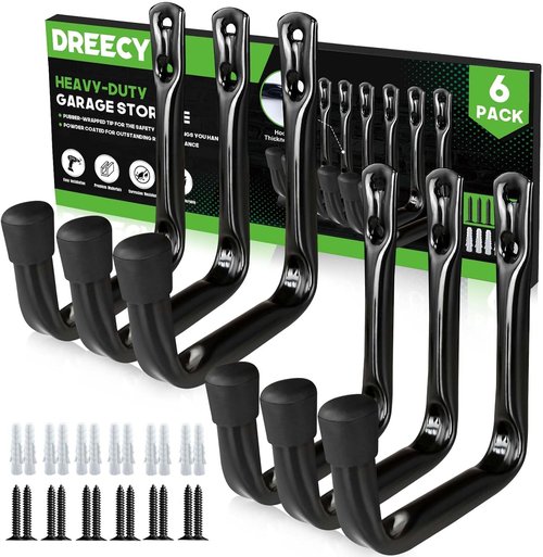 Dreecy J Heavy Duty Utility Hooks - Black Garage Storage Solution | 6 Pack for Wall Hanging