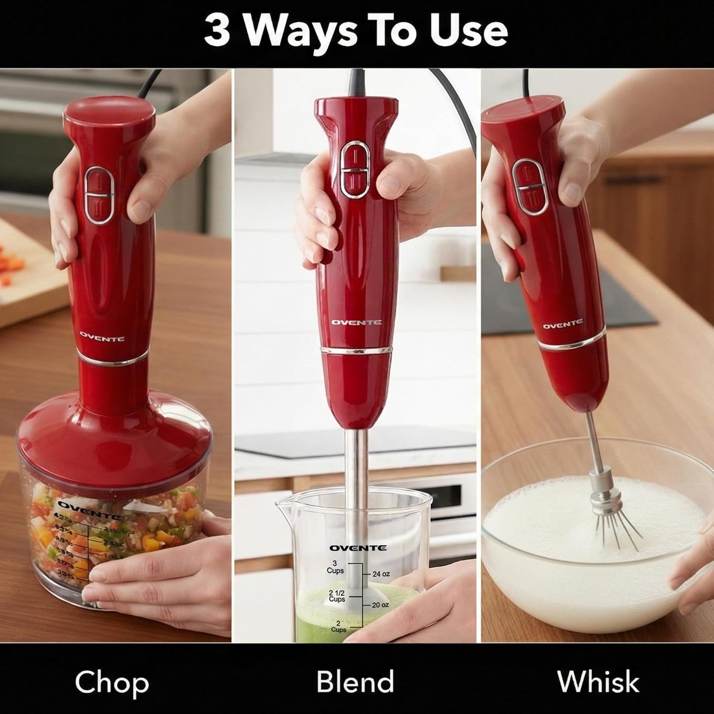OVENTE Immersion Hand Blender Set - 300W Electric Stick Mixer with Stainless Steel Blades & Accessories, Red HS565R