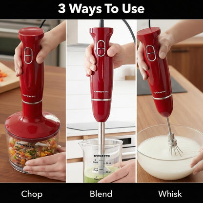 OVENTE Immersion Hand Blender Set - 300W Electric Stick Mixer with Stainless Steel Blades & Accessories, Red HS565R