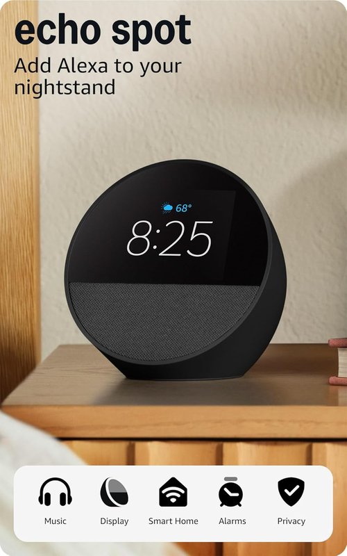 Amazon Echo Spot - Smart Alarm Clock with Alexa - Perfect for Nightstands & Offices - Black