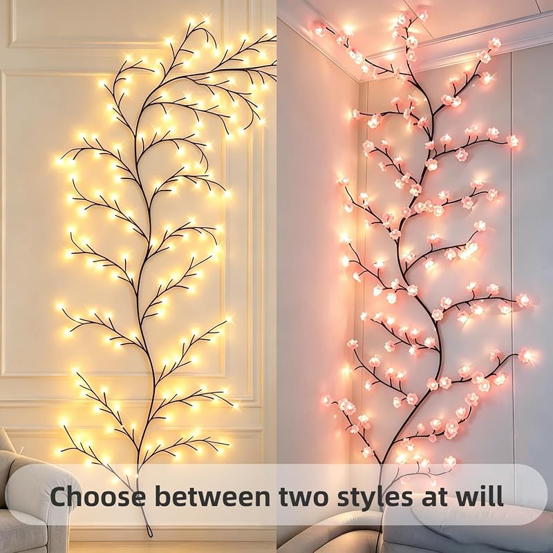 5.2 ft 72 LED Cherry Blossom Lights with Remote – DIY Bendable Pink Flower Vine (Variation: 72LED-5.2FT)