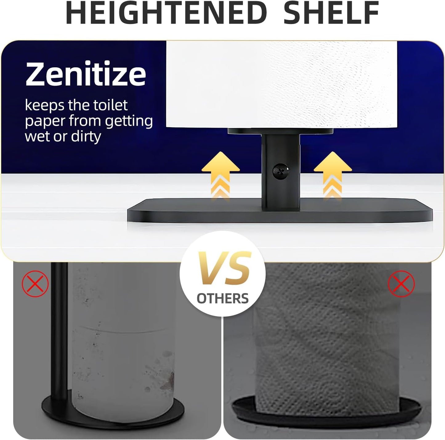 Regine Switzerland Free Standing Toilet Paper Holder - Rustproof Metal with Anti-Slip Base & Top Shelf, Black