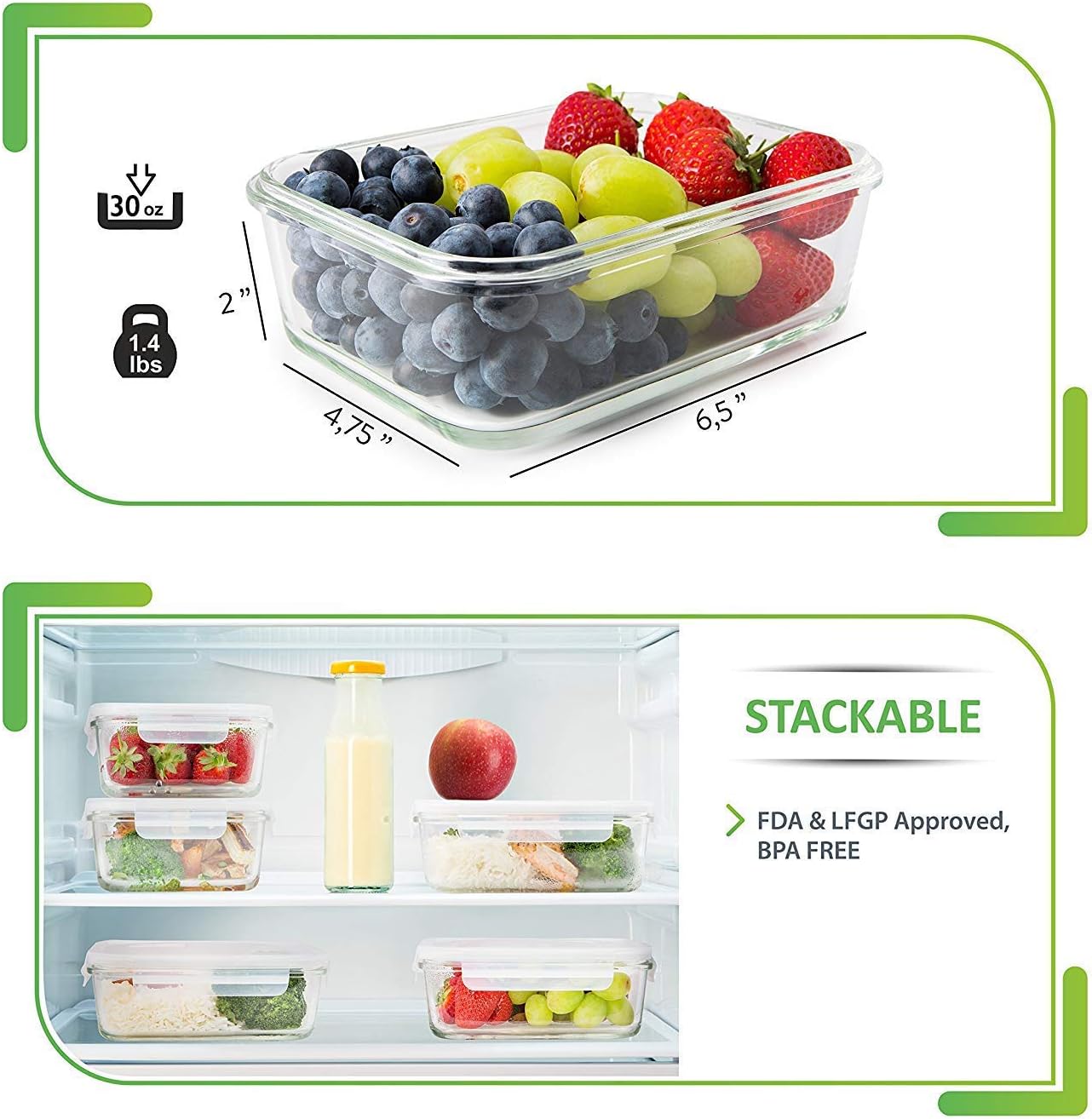 PrepNaturals Glass Meal Prep Containers - 30 Oz, 5 Pack | Dishwasher & Microwave Safe with Lids