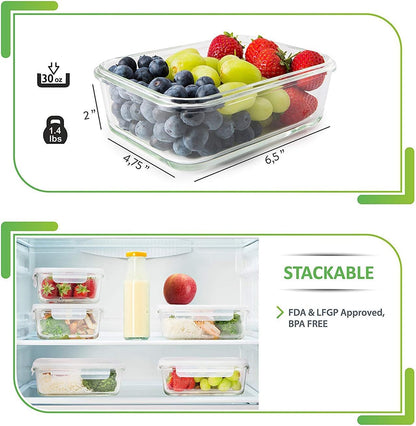 PrepNaturals Glass Meal Prep Containers - 30 Oz, 5 Pack | Dishwasher & Microwave Safe with Lids