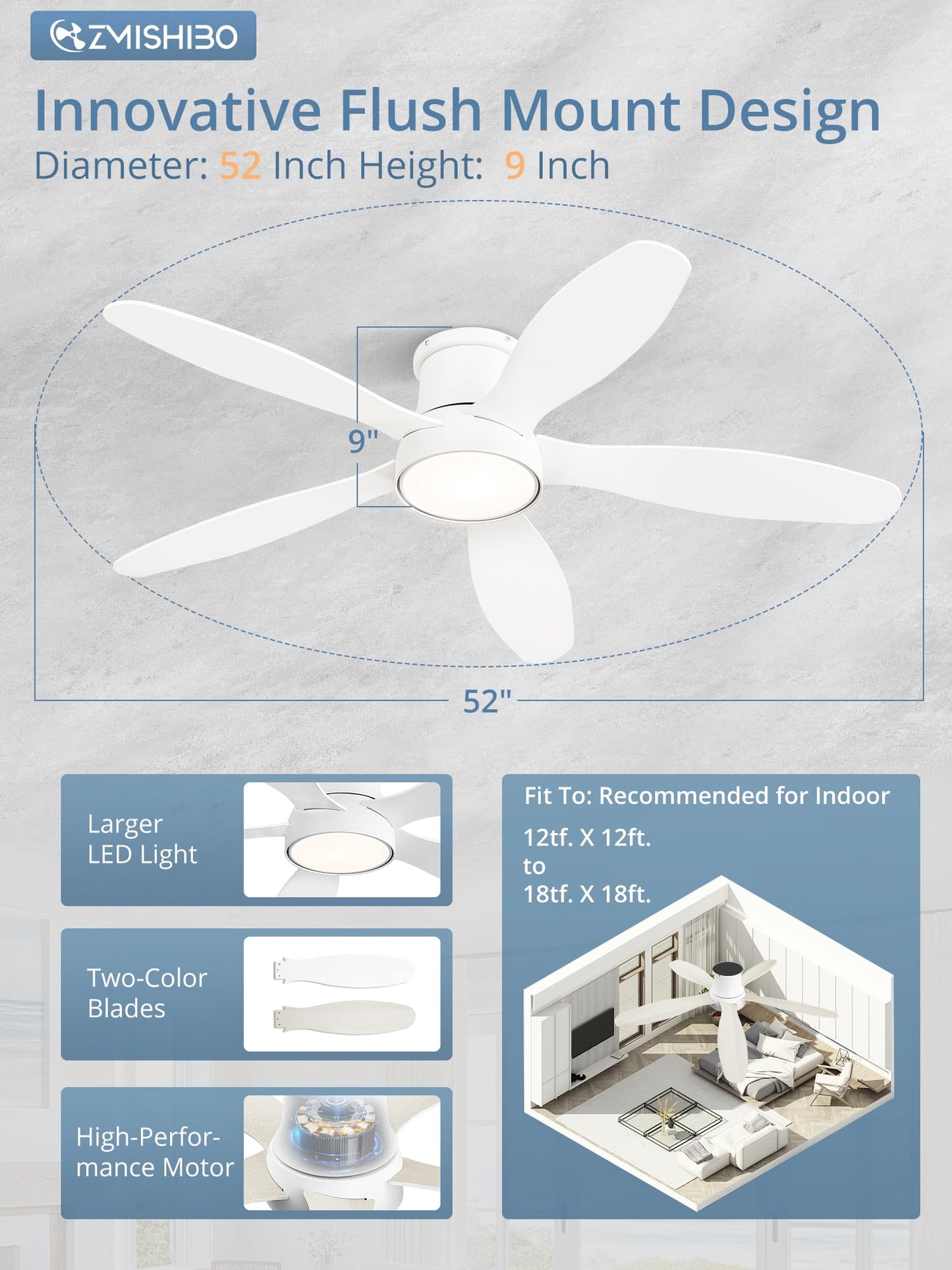 ZMISHIBO 52 Inch Flush Mount Ceiling Fans, Low Profile Ceiling Fan with Light and Remote, Modern LED Ceiling Fan Lighting Fixture for Bedroom, Kitchen, Indoor-White