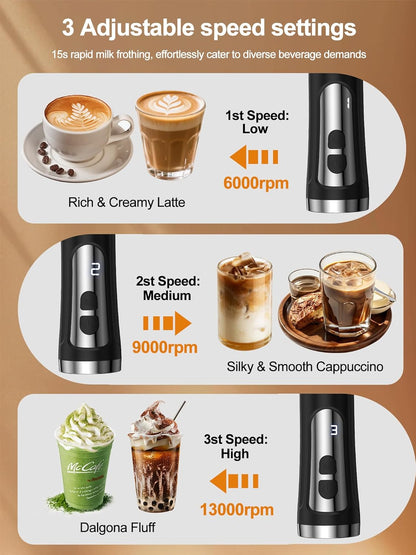 Skiennix Rechargeable Milk Frother - High-Power Handheld Foam Maker for Matcha & Lattes | IP67 Waterproof