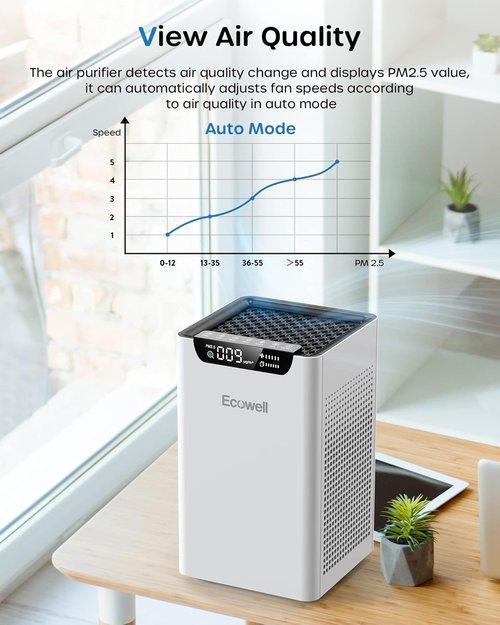 ECOWELL Air Purifier - Large Room Coverage Up to 1185 Ft² | Air Quality Monitor & Dual-Sided Intake