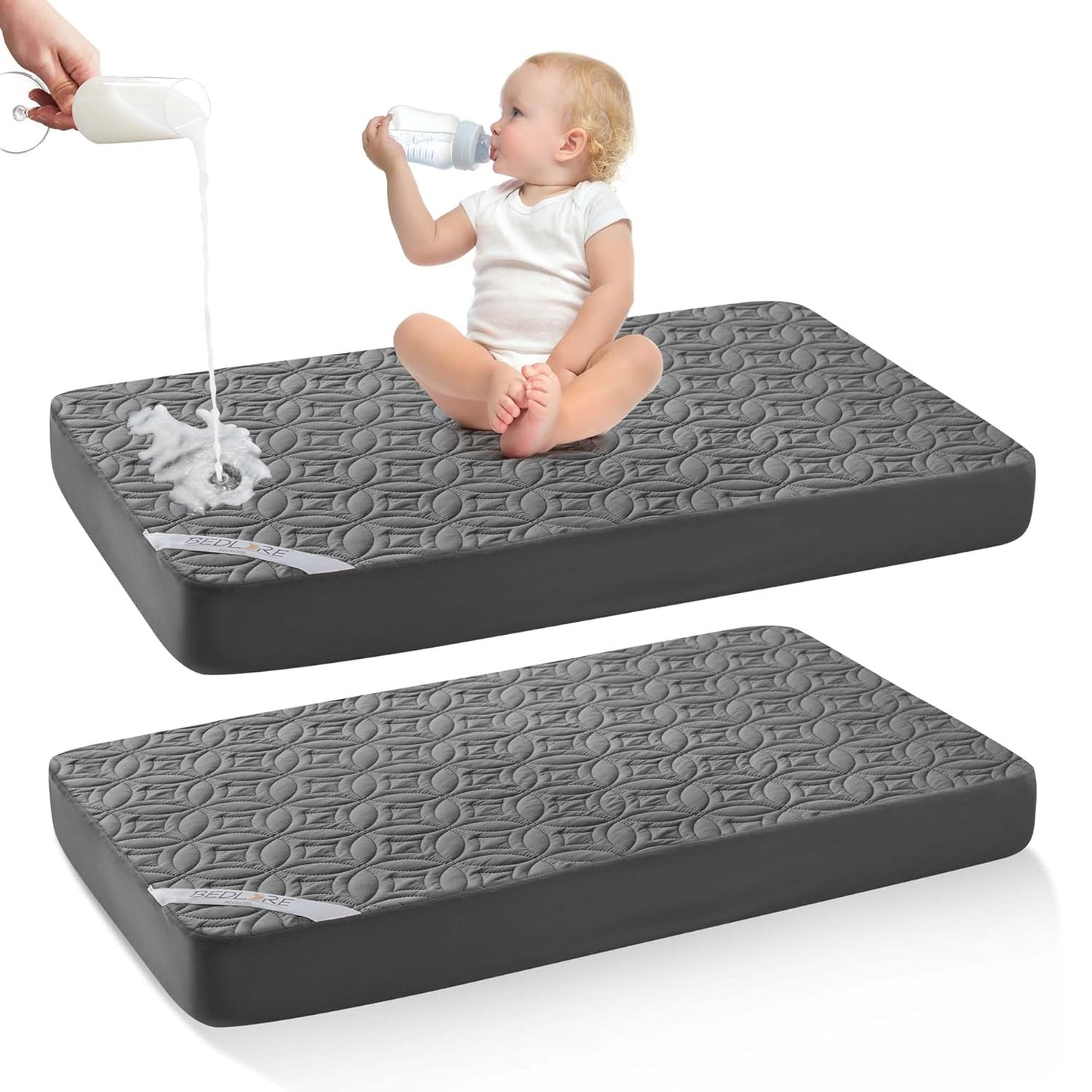 Skiennix Waterproof Crib Mattress Protector - Soft, Breathable & Noiseless | 2-Pack, Gray (52''x28'')