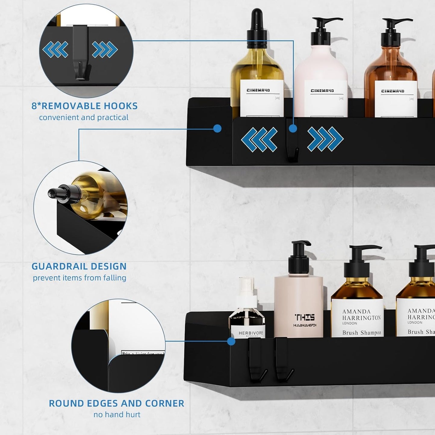 Wisfame Shower Caddy - Rustproof Adhesive Bathroom Shelves with 8 Hooks | Large Capacity, Black