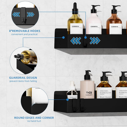 Wisfame Shower Caddy - Rustproof Adhesive Bathroom Shelves with 8 Hooks | Large Capacity, Black