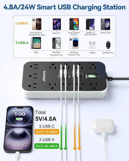 Skiennix Extension Cord with USB Ports - 5 FT Power Strip, 11 AC Outlets & 6 USB for Home & Office