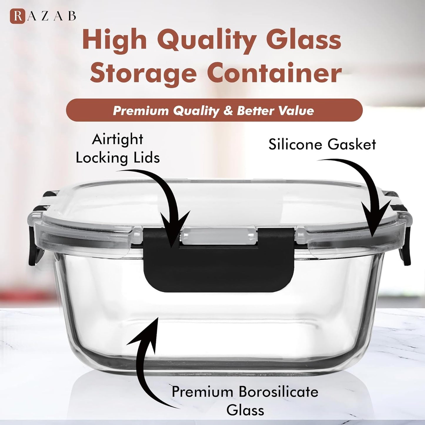 Razab Glass Food Storage Containers - Airtight & Leakproof 1200ML | Microwave, Oven, Freezer Safe, BPA Free