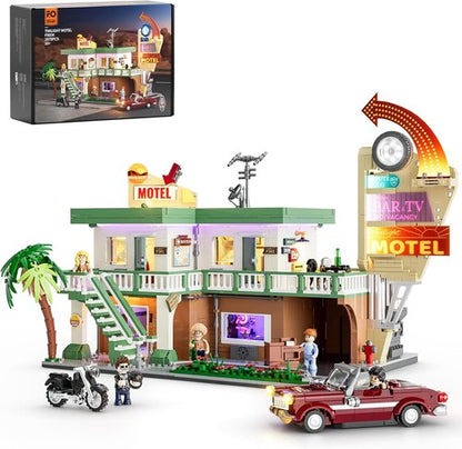 FUNWHOLE City Car-Hotel Lighting Building Set - 1970 Pcs Modular Twilight Motel with LED Lights for Adults & Teens