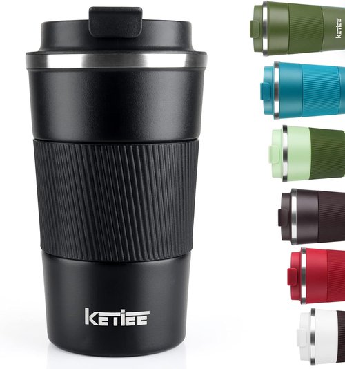 KETIEE Travel Mug - 12oz Vacuum Insulated Coffee Tumbler with Leakproof Lid | Black Stainless Steel