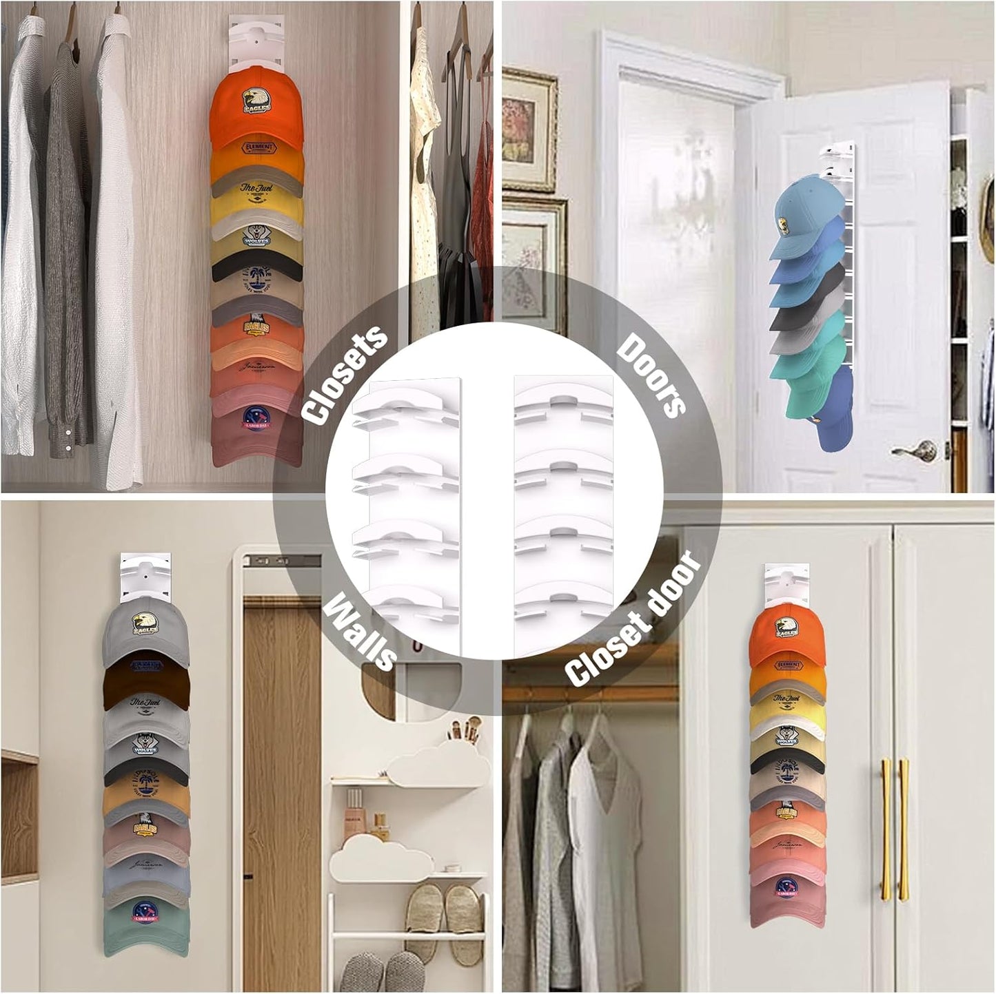 Skiennix Hat Organizer - Wall-Mounted Rack for Up to 20 Baseball Caps | Strong Adhesive, 2-Pack, White