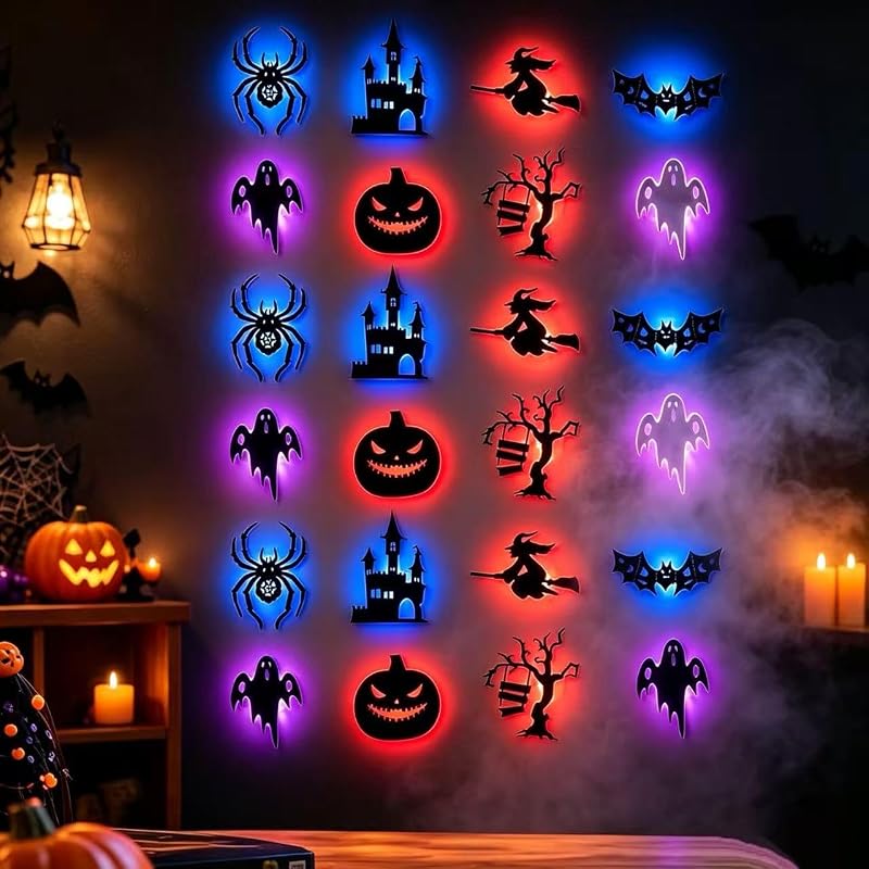 3Set Halloween Silhouette Wall Lights 3D LED Stickers - Spooky Wall Decals
