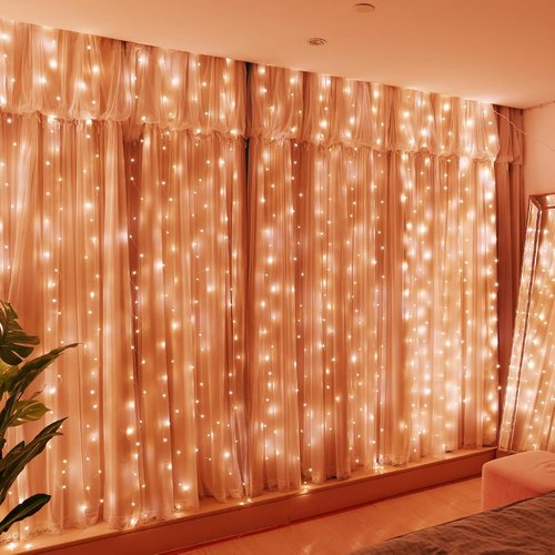 HXWEIYE 300LED Fairy Curtain Lights - 9.8x9.8Ft USB Plug-In with 8 Modes & Remote | Orange, 1 Pack for Bedroom & Wedding Decor