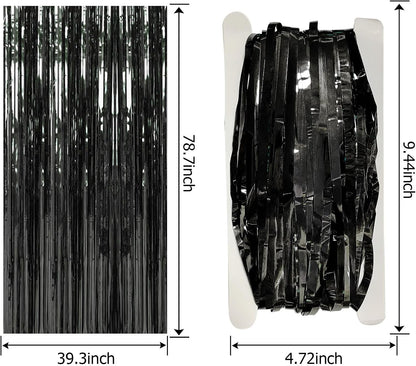 Skiennix 20 Pack Foil Curtain Backdrop - Black Metallic Tinsel Fringe for Parties & Events