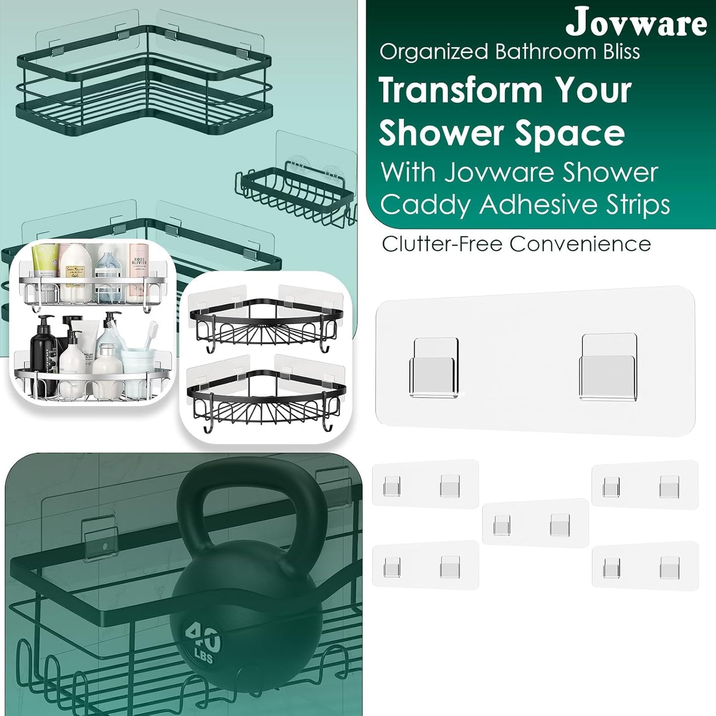 Shower Caddy Adhesive Replacement, Shower Shelf Adhesive, Shower Adhesive Strips, Adhesive Stickers Transparent 2 Flat Hooks 6 1/2