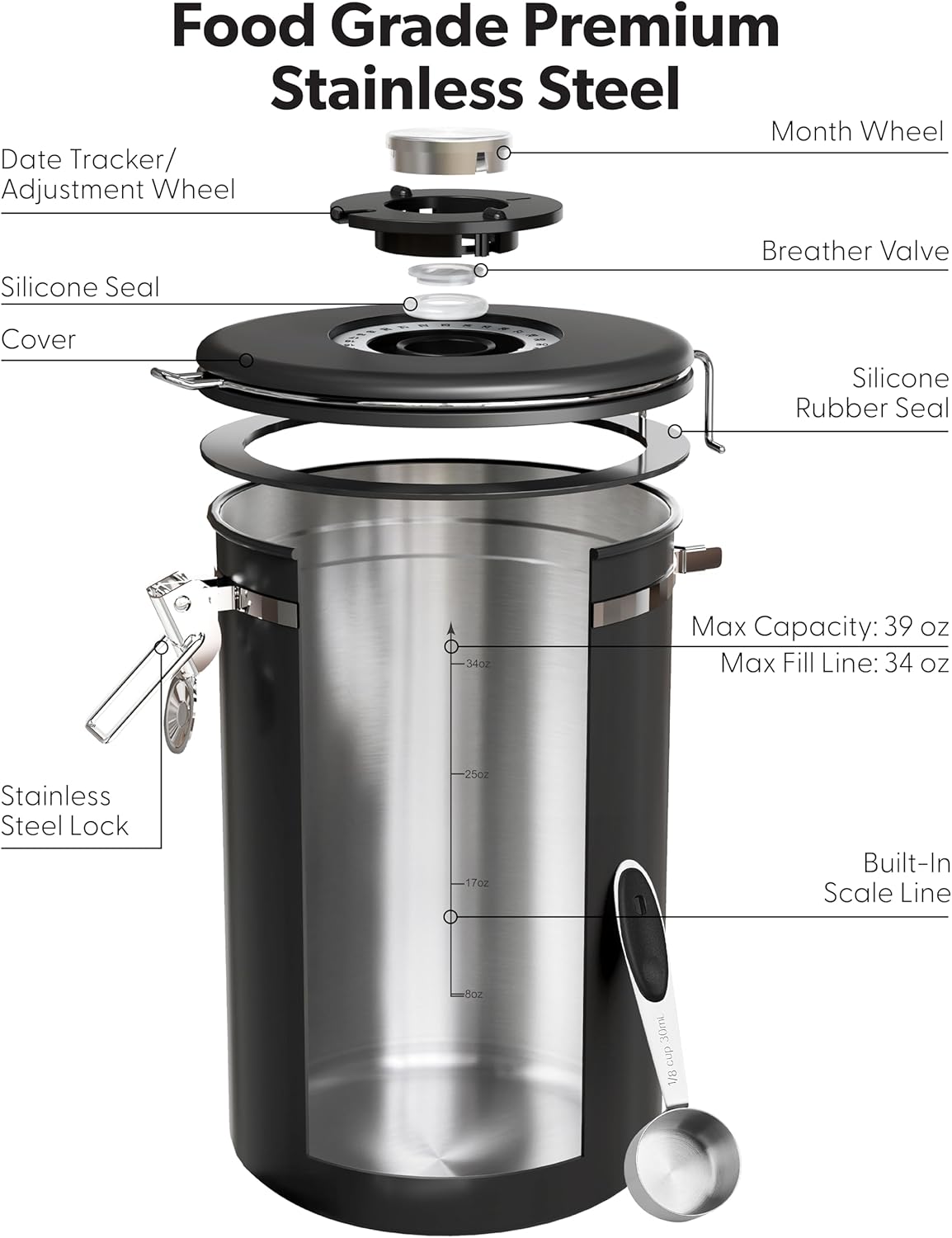 Veken Coffee Canister - Airtight Stainless Steel Storage Container with Window | 39oz, Black, Holds 2.2lbs